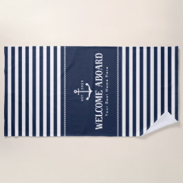 Custom Boat Name Striped Blue White Welcome Aboard Strandlaken
