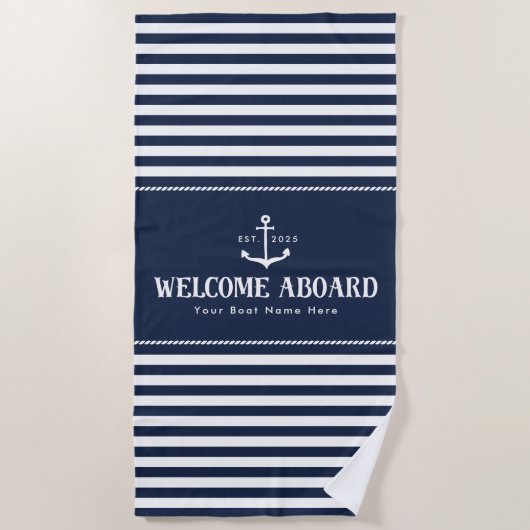 Custom Boat Name Striped Blue White Welcome Aboard Strandlaken (Voorkant)