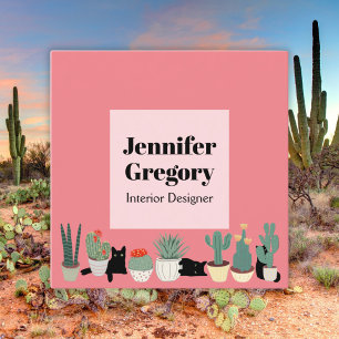 Custom Boho Black Cats and Cactus Fun Simple Pink Vierkante Visitekaartje