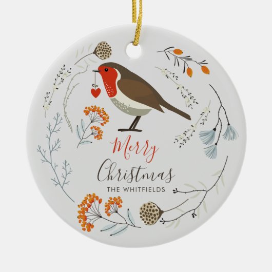 Custom Botanical Robin Bird Botanical Christmas Keramisch Ornament (Voorkant)