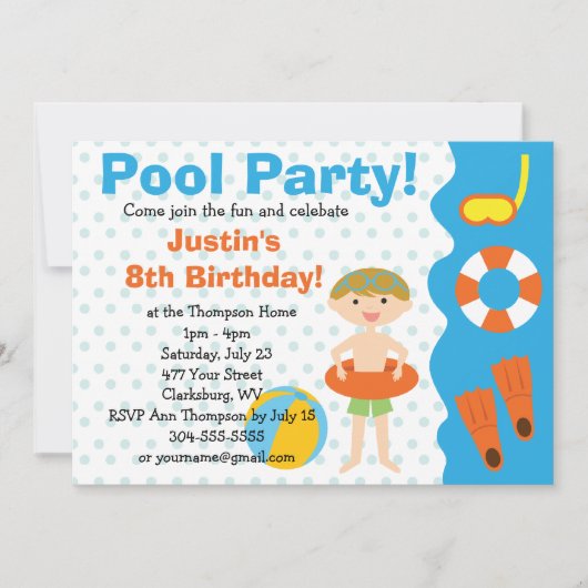 Custom Boy Birthday Pool Party Kaart (Voorkant)