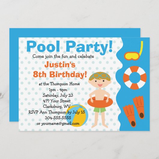 Custom Boy Birthday Pool Party Kaart (Voorkant / Achterkant)
