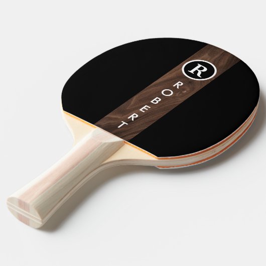Custom Branded Monogrammed hout kleur streep Zwart Tafeltennisbatje (Voorkant Gekanteld)