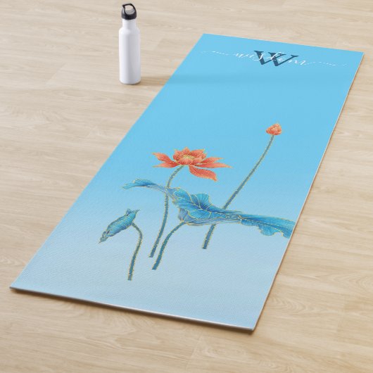 Custom Bright Blue Lotus Bloemen Monogram Naam Yogamat (In situ)