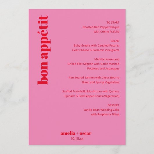Custom Bright Bold Pink and Red Modern Wedding Menu (Voorkant)