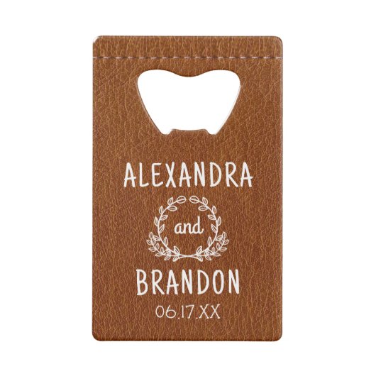 Custom bruin leder print bruiloft fles opener kredietkaart flessenopener (Achterkant)