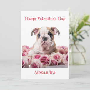 Custom Bulldog Puppy met roze rozen Valentijn Feestdagenkaart