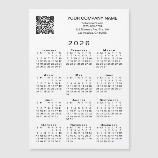 Custom Business QR Code 2026 Calendar Magnet Card (Voorkant)