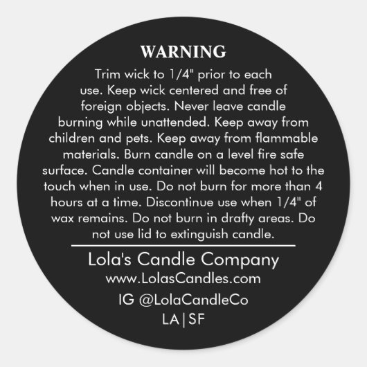 Custom Candle Warning Label Zwart op Witte Matte (Voorkant)