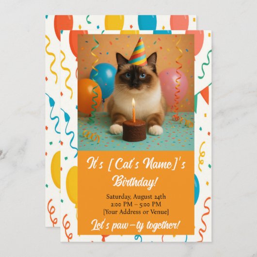 Custom Cat Birthday Party Invitation (Devant / Derrière)
