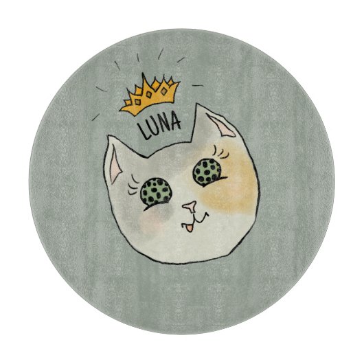 Custom Cat Name Art - Chubby White Cat with Crown Snijplank (Voorkant)