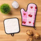 Custom Cherry Heart Checkerboard Pattern Ovenwant & Pannenlap Set (Top down)