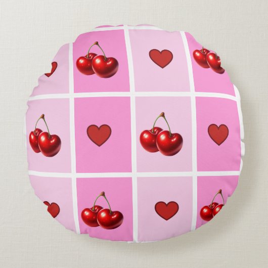 Custom Cherry Heart Checkerboard Pattern Rond Kussen (Voorkant)