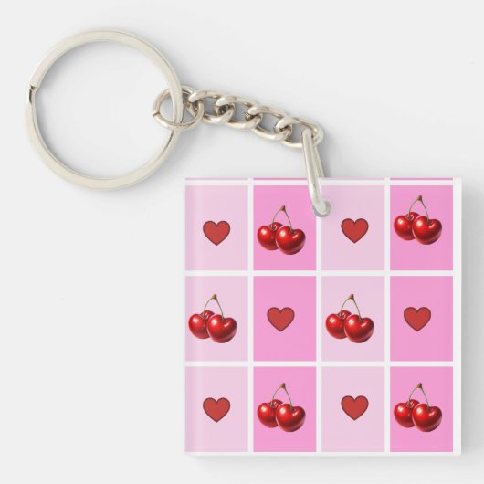 Custom Cherry Heart Checkerboard Pattern Sleutelhanger (voorkant)