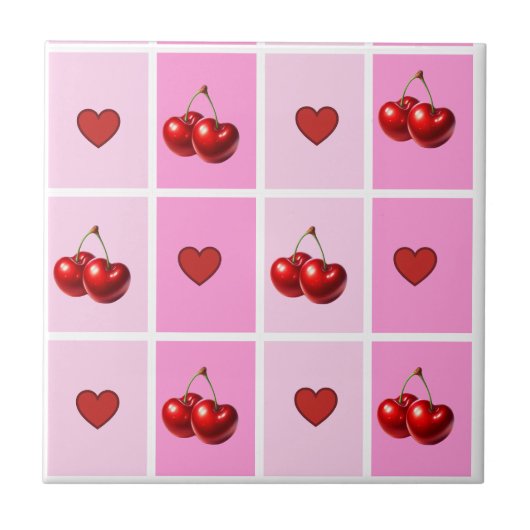 Custom Cherry Heart Checkerboard Pattern Tegeltje (Voorkant)