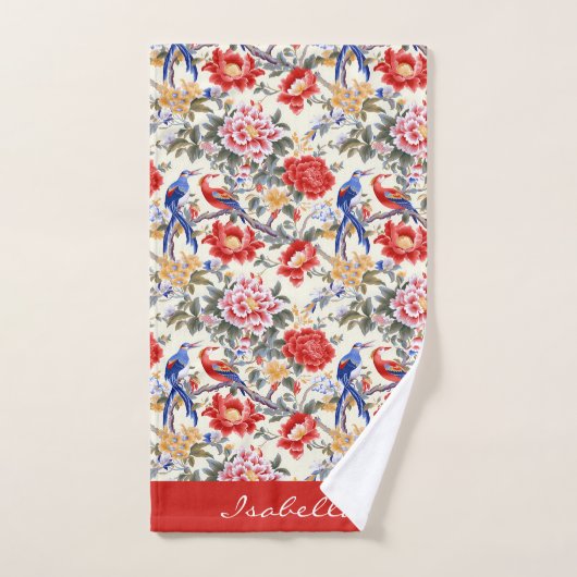 Custom Chinoiserie Aziatische Bloemen Roze Blauw R Bad Handdoek (Handdoek)