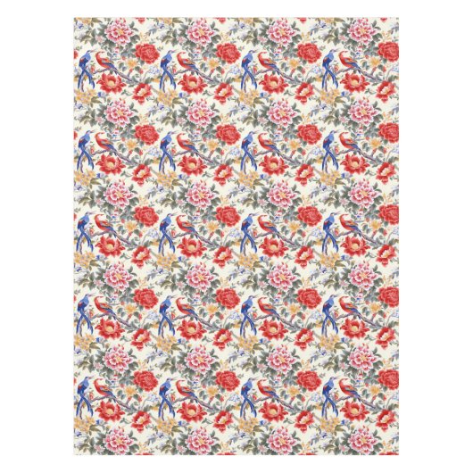 Custom Chinoiserie Aziatische Bloemen Roze Blauw R Tafelkleed (Voorkant)
