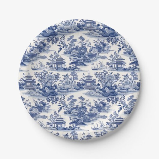 Custom Chinoiserie Patroon Pagode Blauw Papieren Bordje (Voorkant)