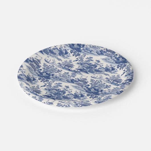 Custom Chinoiserie Patroon Pagode Blauw Papieren Bordje (Gekanteld)