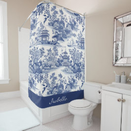 Custom Chinoiserie Patroon Pagode Blauw Wit Douchegordijn