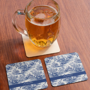 Custom Chinoiserie Patroon Pagode Blauw Wit Glazen Onderzetter