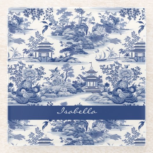Custom Chinoiserie Patroon Pagode Blauw Wit Glazen Onderzetter (Voorkant)