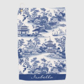 Custom Chinoiserie Patroon Pagode Blauw Wit Golfhanddoek (Voorkant)