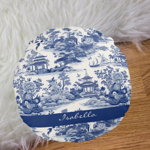 Custom Chinoiserie Patroon Pagode Blauw Wit Rond Kussen