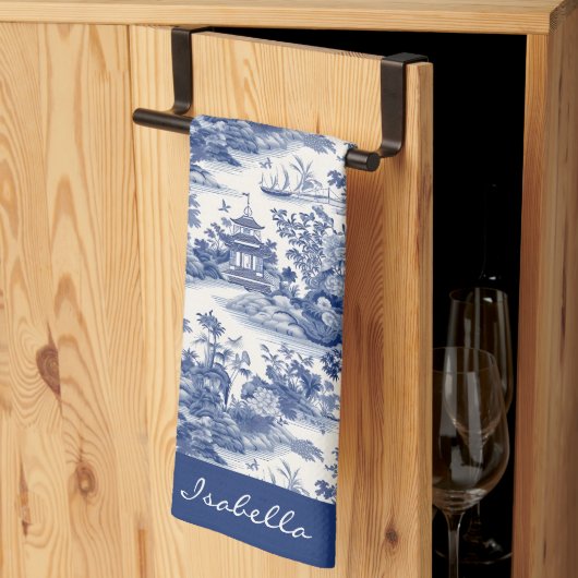 Custom Chinoiserie Patroon Pagode Blauw Wit Theedoek (Derde Gevouwen)