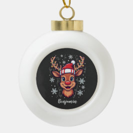 Custom Christmas Cheer Cute Reindeer in Hat Keramische Bal Ornament