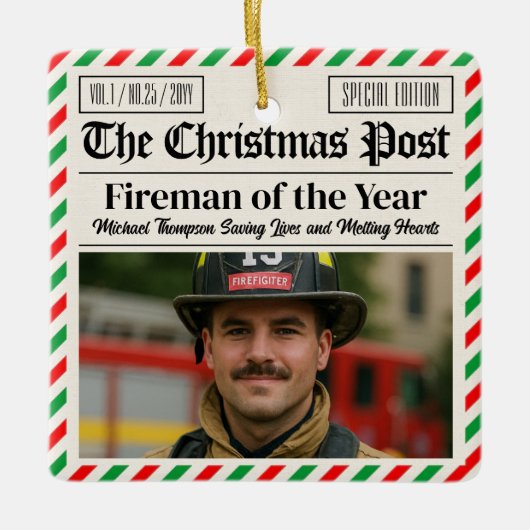 Custom Christmas Firefighter Gift, Fun Newspaper Keramisch Ornament (Voorkant)