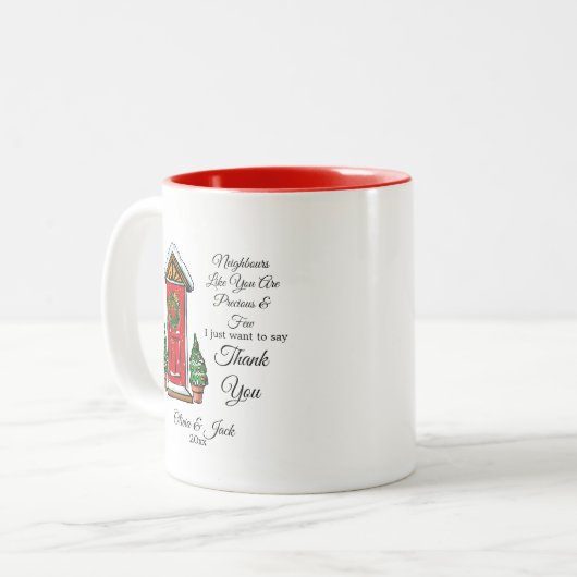 custom Christmas gift for neighbours - neighbours Tweekleurige Koffiemok (Voorkant links)