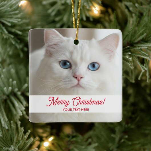 Custom Christmas tree ornament with white cat pic (Boom)