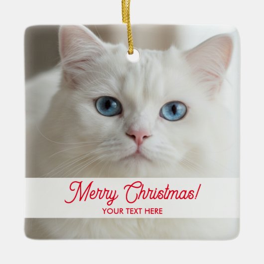 Custom Christmas tree ornament with white cat pic (Voorkant)