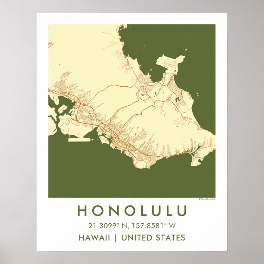 Custom City Map Honolulu Hawaii Wall Art Poster (Devant)