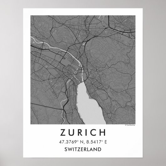 Custom City Map Zurich Switzerland Wall Art Poster (Devant)