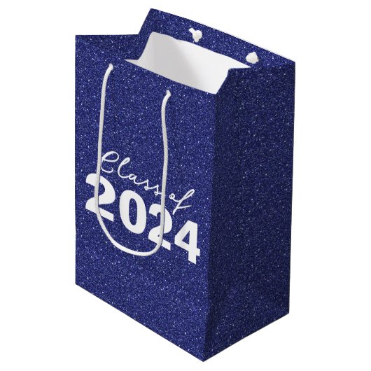 Custom Class Year Navy Blue Glitter Medium Cadeauzakje (Voorkant Gekanteld)