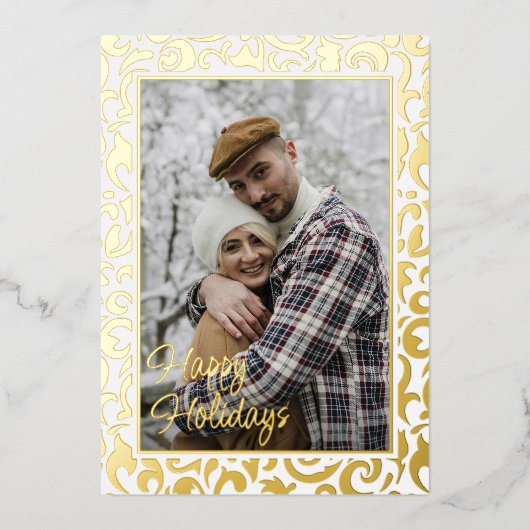 Custom Classy Damask Pattern Gold Folie Feestdagenkaart (Voorkant)