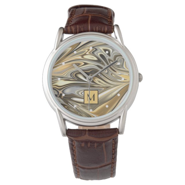 Custom Classy Gold Silver Grey Marbled Waves Art Horloge (Voorkant)