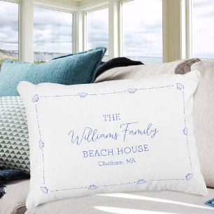 Custom Coastal Beach House Familienaam Blue Shell Accent Kussen