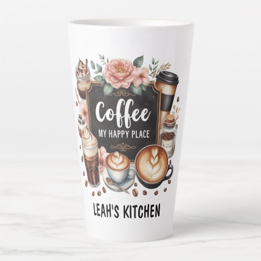 ☕Custom Coffeecore Keuken Cafe Koffie Happy Place Latte Mok (Voorkant)