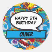 Custom Comic Book Superhero Verjaardagsfeestje Bla Ronde Sticker (Voorkant)