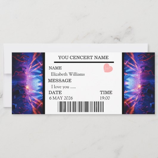 Custom Concert Ticket Gift Girl  Kaart (Voorkant)