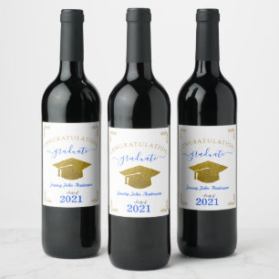 Custom Congrats Afstuderen Blauw/Goud Glitter Effe Wijn Etiket