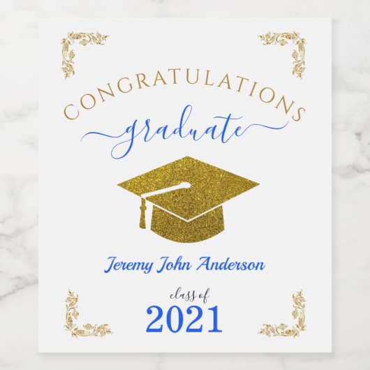 Custom Congrats Afstuderen Blauw/Goud Glitter Effe Wijn Etiket (Enkel label)
