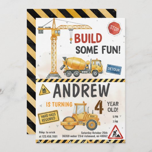 Custom Construction Birthday Invitations (Devant / Derrière)