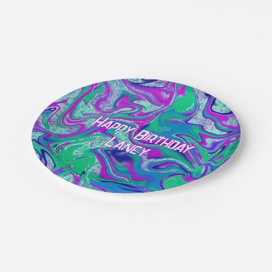 Custom Cool Blauwgroen Paarse Groovy verjaardagsfe Papieren Bordje (Gekanteld)