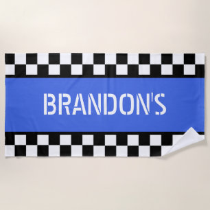 Custom Cool Zwart Wit Vlag Patroon op Blauw Strandlaken