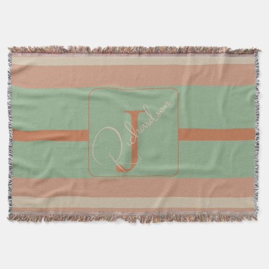 Custom Coral Sage Stripe Monogram Boho Pastel Chi Deken (Voorkant)