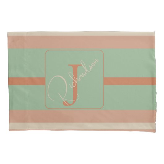 Custom Coral Sage Stripe Monogram Boho Pastel Chi Kussensloop (Voorkant)